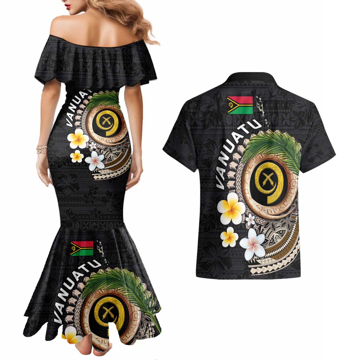 Vanuatu Independence Day Couples Matching Mermaid Dress and Hawaiian Shirt Melanesian Tribal Pig Tusk with Tropical Plants LT03 - Polynesian Pride