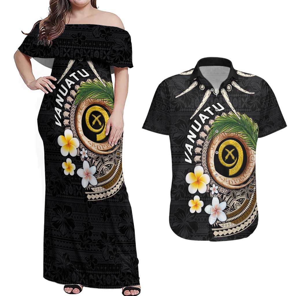Vanuatu Independence Day Couples Matching Off Shoulder Maxi Dress and Hawaiian Shirt Melanesian Tribal Pig Tusk with Tropical Plants LT03 Black - Polynesian Pride