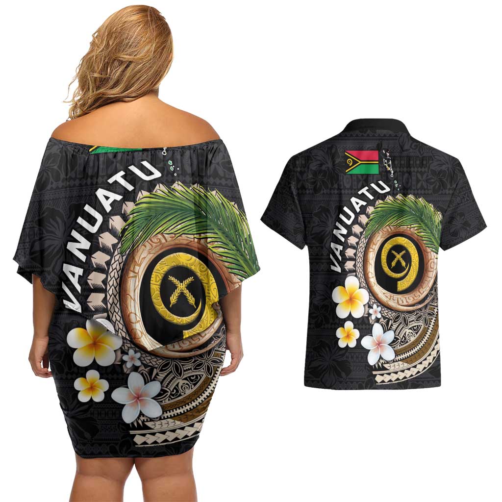 Vanuatu Independence Day Couples Matching Off Shoulder Short Dress and Hawaiian Shirt Melanesian Tribal Pig Tusk with Tropical Plants LT03 - Polynesian Pride