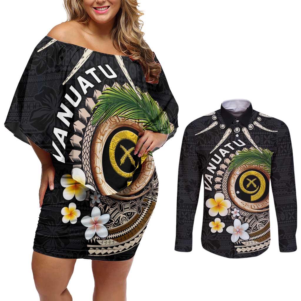 Vanuatu Independence Day Couples Matching Off Shoulder Short Dress and Long Sleeve Button Shirt Melanesian Tribal Pig Tusk with Tropical Plants