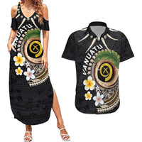 Vanuatu Independence Day Couples Matching Summer Maxi Dress and Hawaiian Shirt Melanesian Tribal Pig Tusk with Tropical Plants LT03 Black - Polynesian Pride