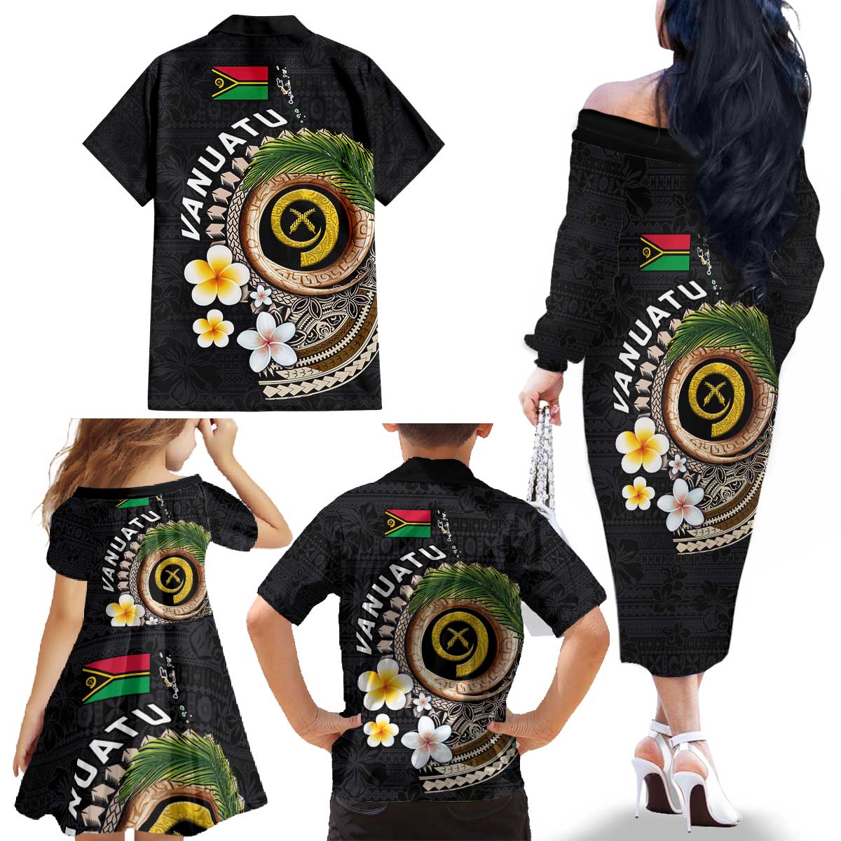 Vanuatu Independence Day Family Matching Off The Shoulder Long Sleeve Dress and Hawaiian Shirt Melanesian Tribal Pig Tusk with Tropical Plants