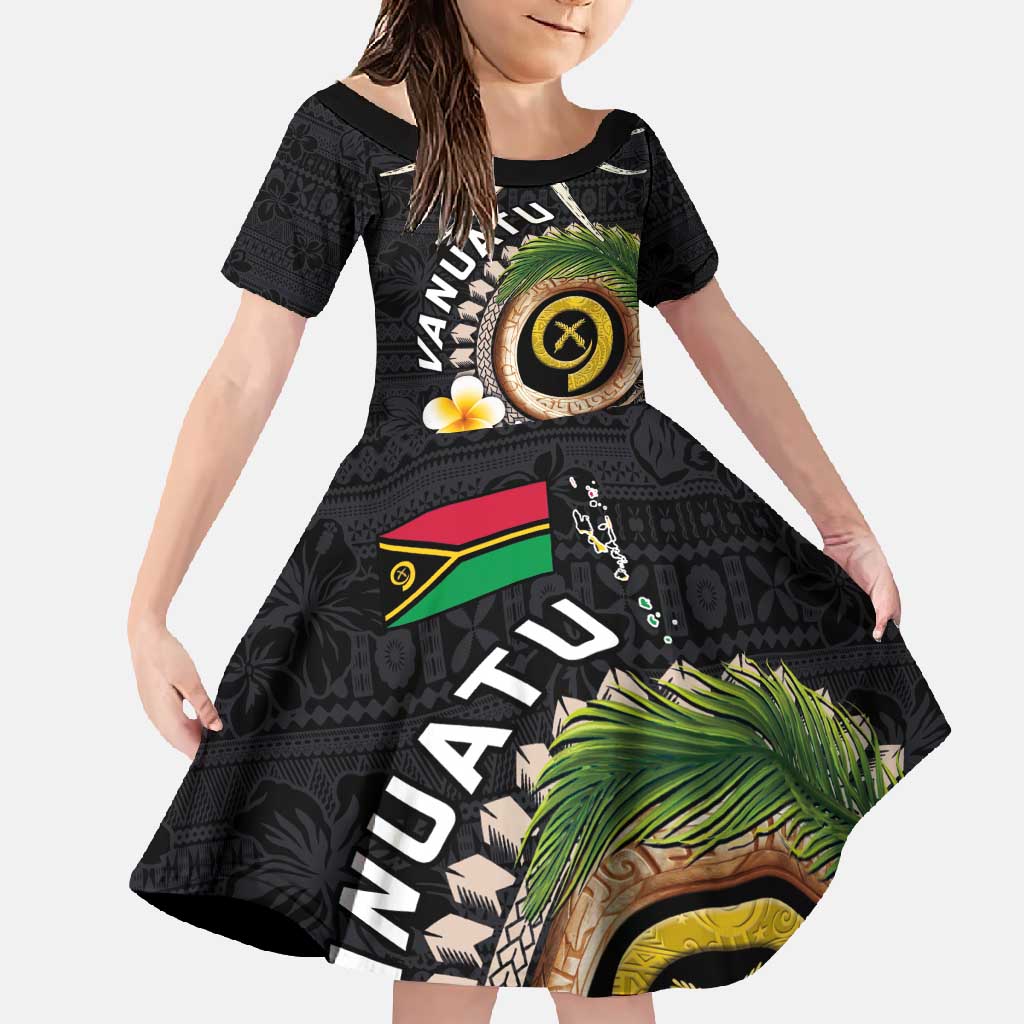 Vanuatu Independence Day Family Matching Off Shoulder Maxi Dress and Hawaiian Shirt Melanesian Tribal Pig Tusk with Tropical Plants LT03 Daughter's Dress Black - Polynesian Pride