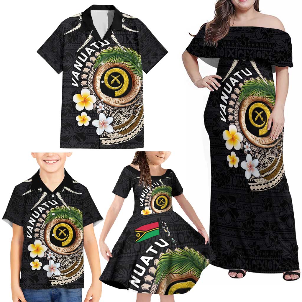 Vanuatu Independence Day Family Matching Off Shoulder Maxi Dress and Hawaiian Shirt Melanesian Tribal Pig Tusk with Tropical Plants LT03 - Polynesian Pride