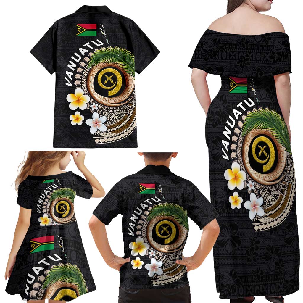 Vanuatu Independence Day Family Matching Off Shoulder Maxi Dress and Hawaiian Shirt Melanesian Tribal Pig Tusk with Tropical Plants LT03 - Polynesian Pride