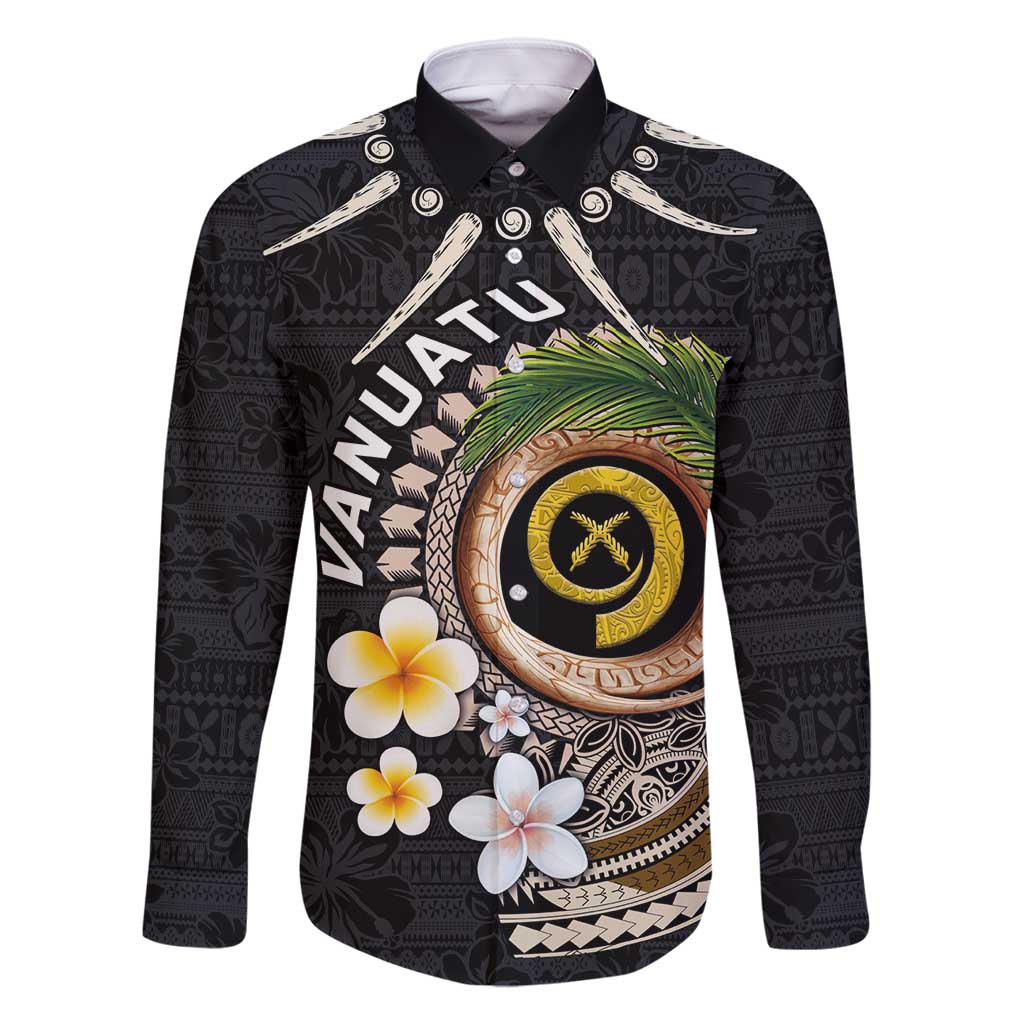 Vanuatu Independence Day Family Matching Off Shoulder Maxi Dress and Hawaiian Shirt Melanesian Tribal Pig Tusk with Tropical Plants LT03 Dad's Shirt - Long Sleeve Black - Polynesian Pride