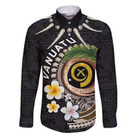 Vanuatu Independence Day Family Matching Off Shoulder Maxi Dress and Hawaiian Shirt Melanesian Tribal Pig Tusk with Tropical Plants LT03 Dad's Shirt - Long Sleeve Black - Polynesian Pride