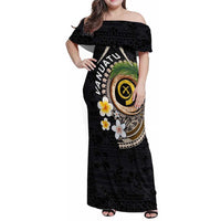 Vanuatu Independence Day Family Matching Off Shoulder Maxi Dress and Hawaiian Shirt Melanesian Tribal Pig Tusk with Tropical Plants LT03 Mom's Dress Black - Polynesian Pride