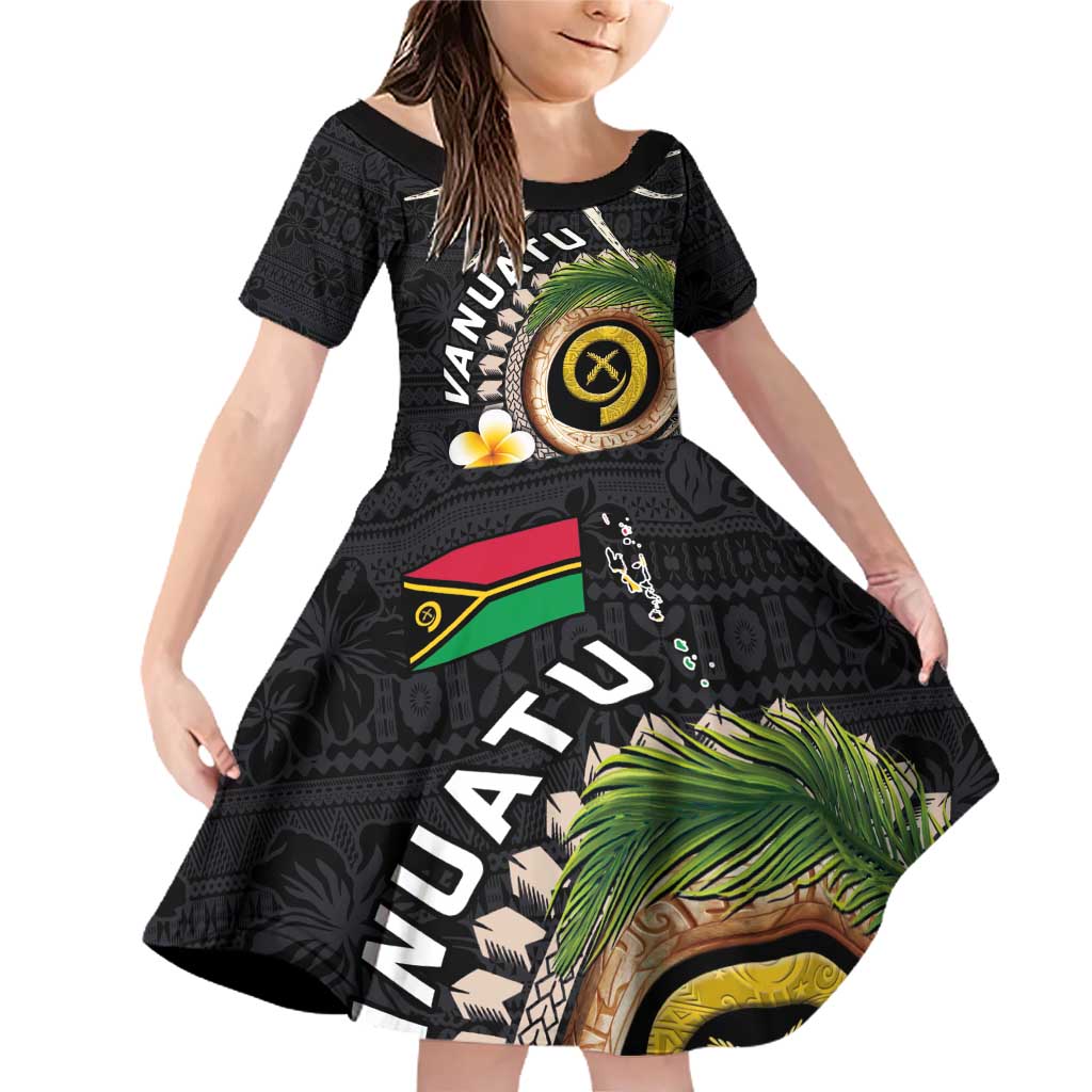 Vanuatu Independence Day Family Matching Off Shoulder Short Dress and Hawaiian Shirt Melanesian Tribal Pig Tusk with Tropical Plants LT03 Daughter's Dress Black - Polynesian Pride