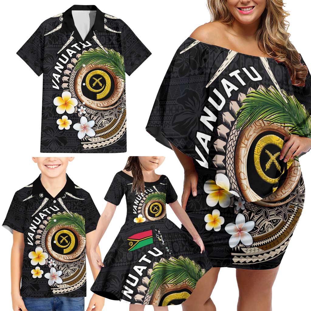 Vanuatu Independence Day Family Matching Off Shoulder Short Dress and Hawaiian Shirt Melanesian Tribal Pig Tusk with Tropical Plants LT03 - Polynesian Pride