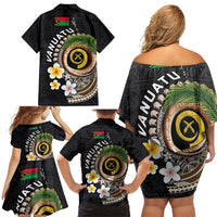 Vanuatu Independence Day Family Matching Off Shoulder Short Dress and Hawaiian Shirt Melanesian Tribal Pig Tusk with Tropical Plants LT03 - Polynesian Pride