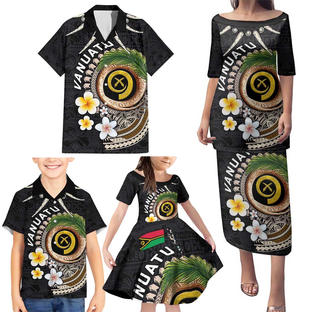 Vanuatu Independence Day Family Matching Puletasi and Hawaiian Shirt Melanesian Tribal Pig Tusk with Tropical Plants
