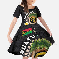 Vanuatu Independence Day Family Matching Summer Maxi Dress and Hawaiian Shirt Melanesian Tribal Pig Tusk with Tropical Plants LT03 Daughter's Dress Black - Polynesian Pride