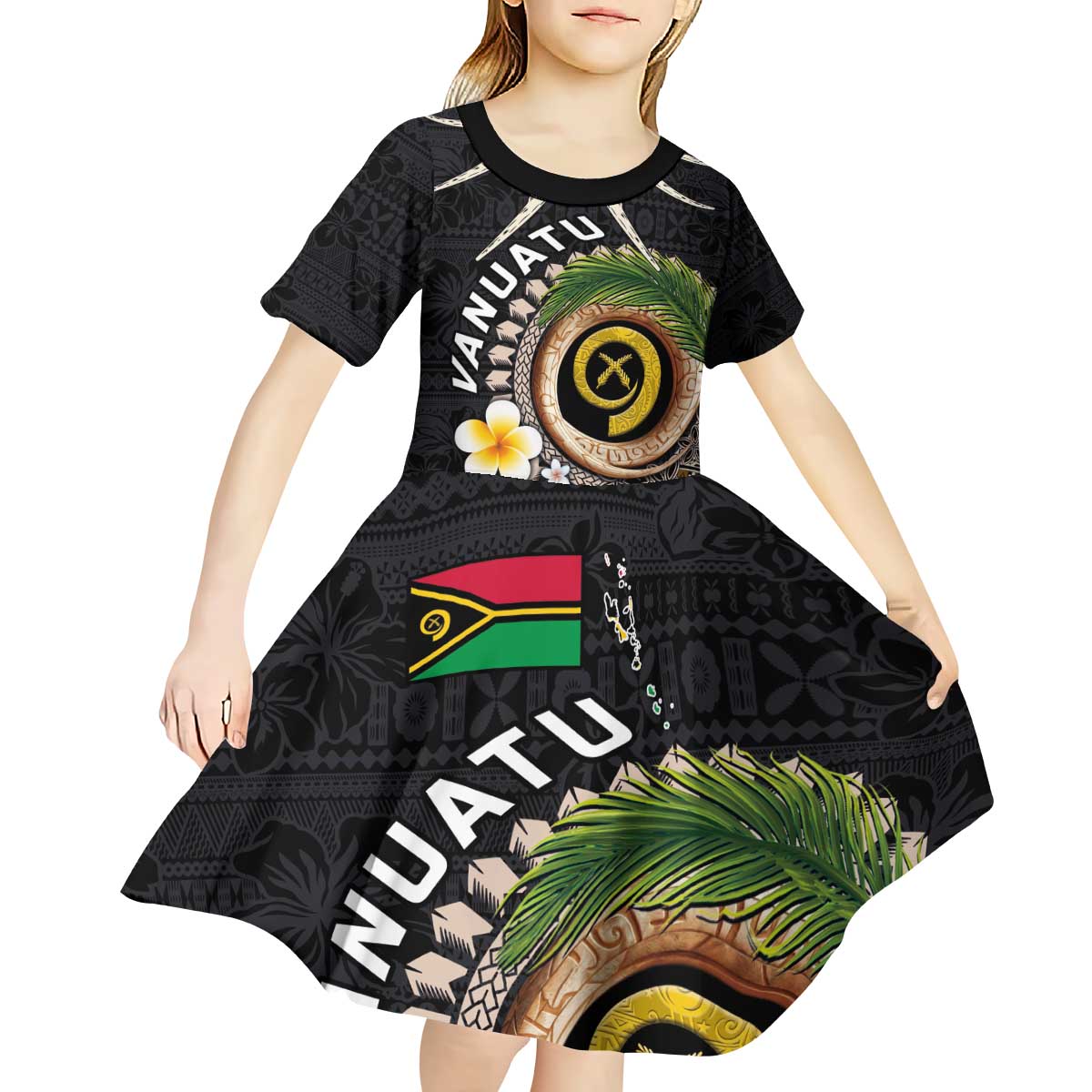 Vanuatu Independence Day Kid Short Sleeve Dress Melanesian Tribal Pig Tusk with Tropical Plants