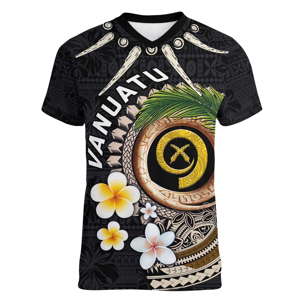 Vanuatu Independence Day Women V-Neck T-Shirt Melanesian Tribal Pig Tusk with Tropical Plants