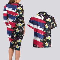 Hawaiian Flag Day Couples Matching Long Sleeve Bodycon Dress and Hawaiian Shirt Tropical Flowers and Leaves LT03 - Polynesian Pride