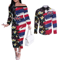 Hawaiian Flag Day Couples Matching Off The Shoulder Long Sleeve Dress and Long Sleeve Button Shirt Tropical Flowers and Leaves LT03 Black - Polynesian Pride