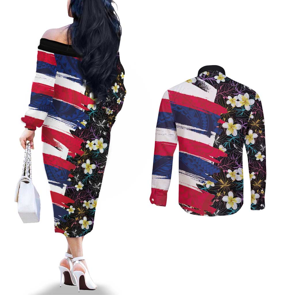 Hawaiian Flag Day Couples Matching Off The Shoulder Long Sleeve Dress and Long Sleeve Button Shirt Tropical Flowers and Leaves LT03 - Polynesian Pride
