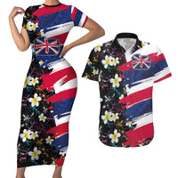 Hawaiian Flag Day Couples Matching Short Sleeve Bodycon Dress and Hawaiian Shirt Tropical Flowers and Leaves LT03 Black - Polynesian Pride