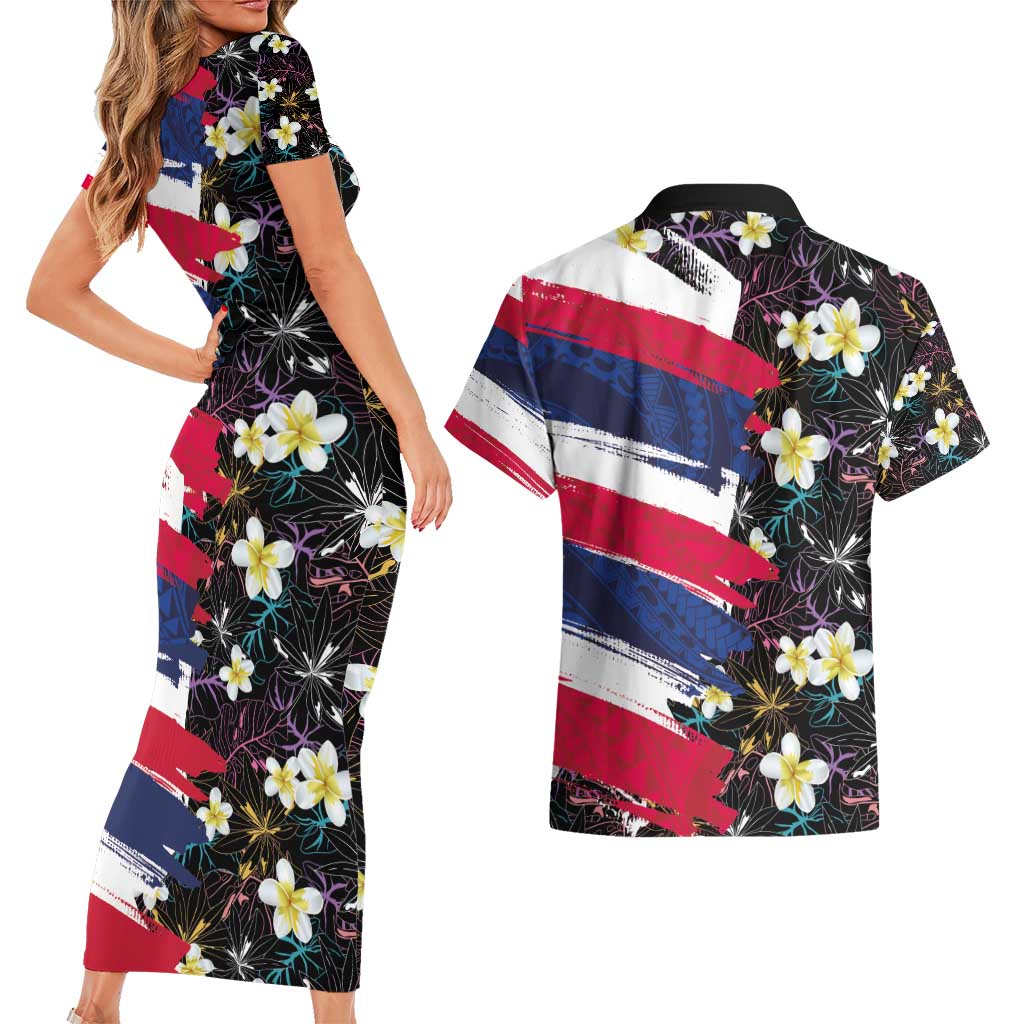 Hawaiian Flag Day Couples Matching Short Sleeve Bodycon Dress and Hawaiian Shirt Tropical Flowers and Leaves LT03 - Polynesian Pride