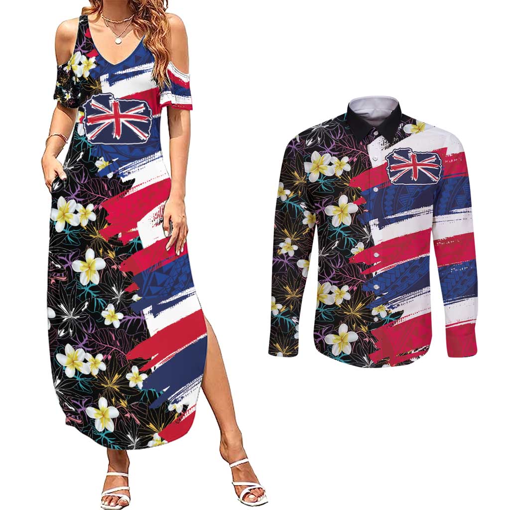 Hawaiian Flag Day Couples Matching Summer Maxi Dress and Long Sleeve Button Shirt Tropical Flowers and Leaves
