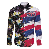 Hawaiian Flag Day Family Matching Off The Shoulder Long Sleeve Dress and Hawaiian Shirt Tropical Flowers and Leaves