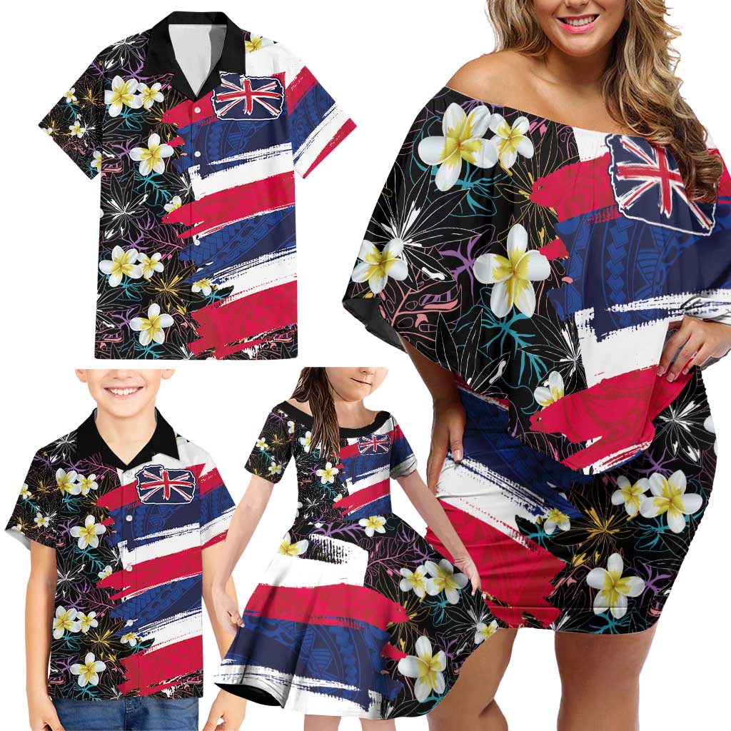 Hawaiian Flag Day Family Matching Off Shoulder Short Dress and Hawaiian Shirt Tropical Flowers and Leaves