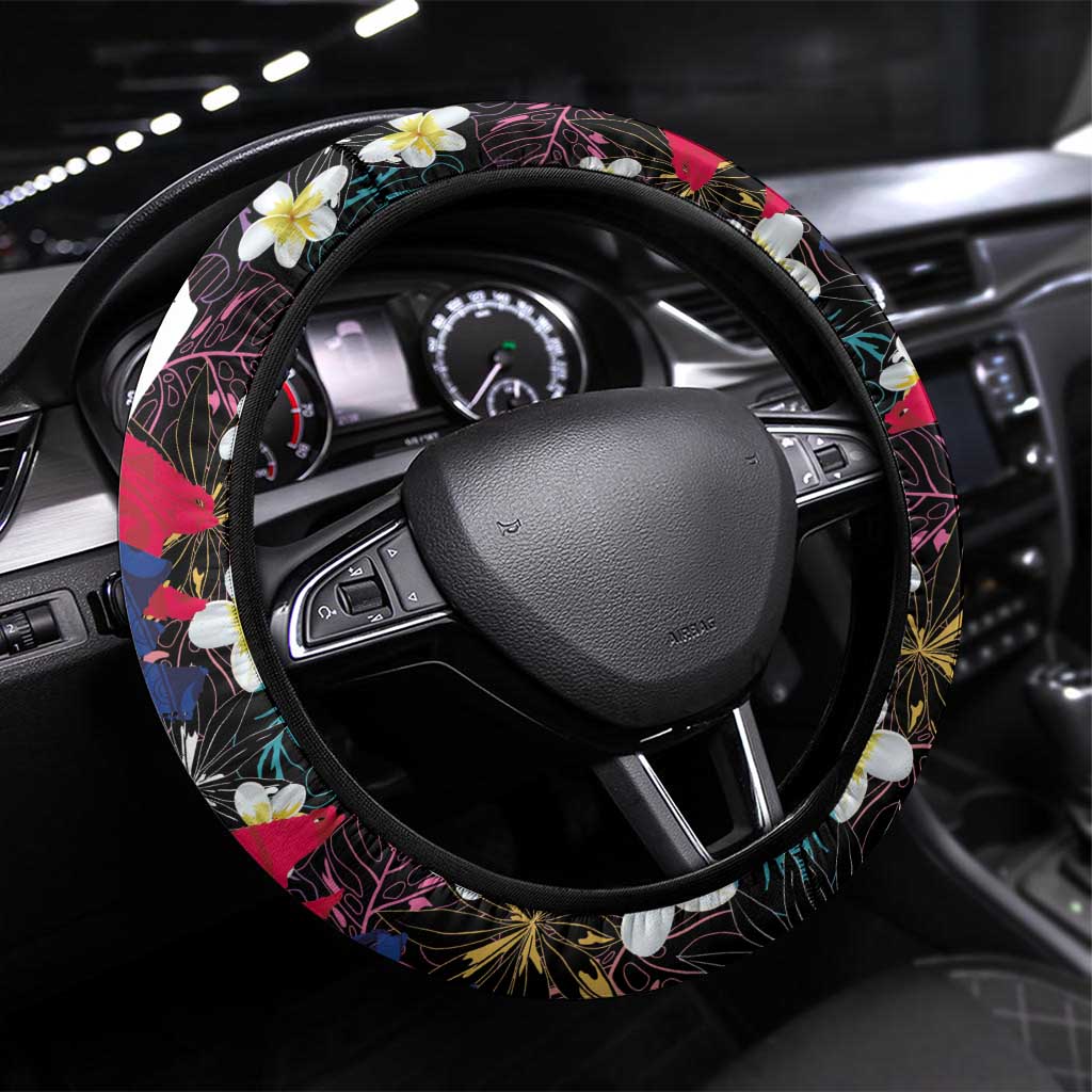 Hawaiian Flag Day Steering Wheel Cover Tropical Flowers and Leaves