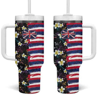 Hawaiian Flag Day Tumbler With Handle Tropical Flowers and Leaves