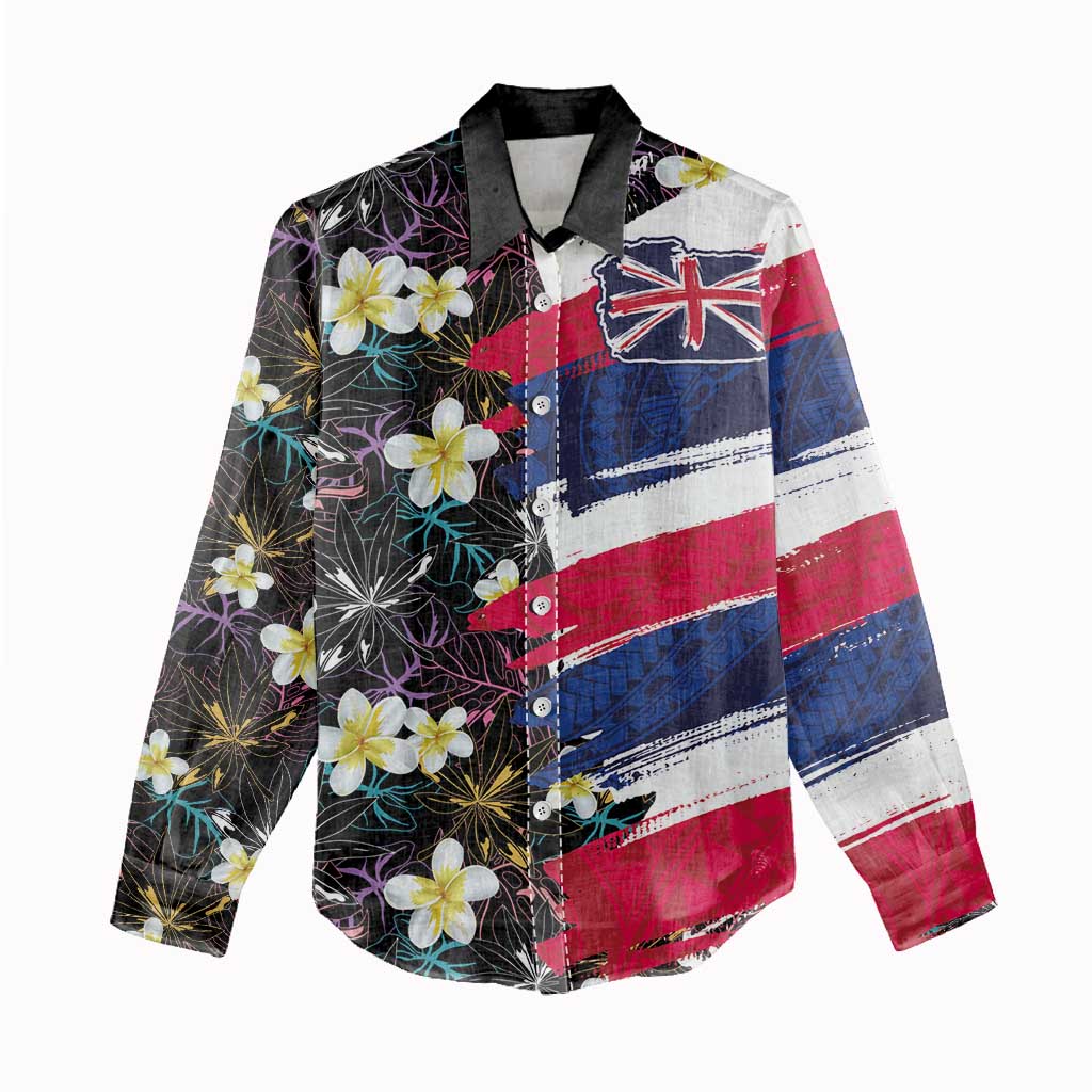 Hawaiian Flag Day Women Casual Shirt Tropical Flowers and Leaves