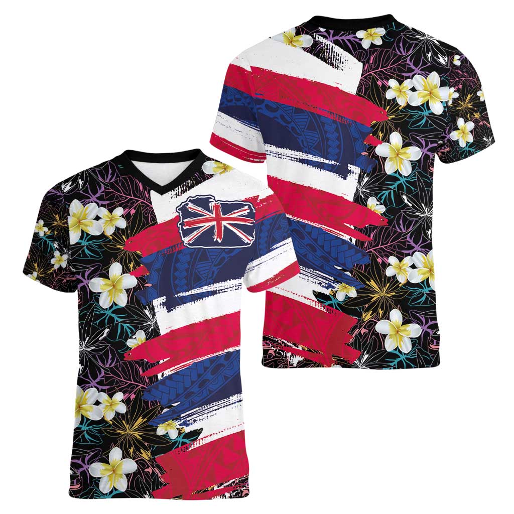 Hawaiian Flag Day Women V-Neck T-Shirt Tropical Flowers and Leaves