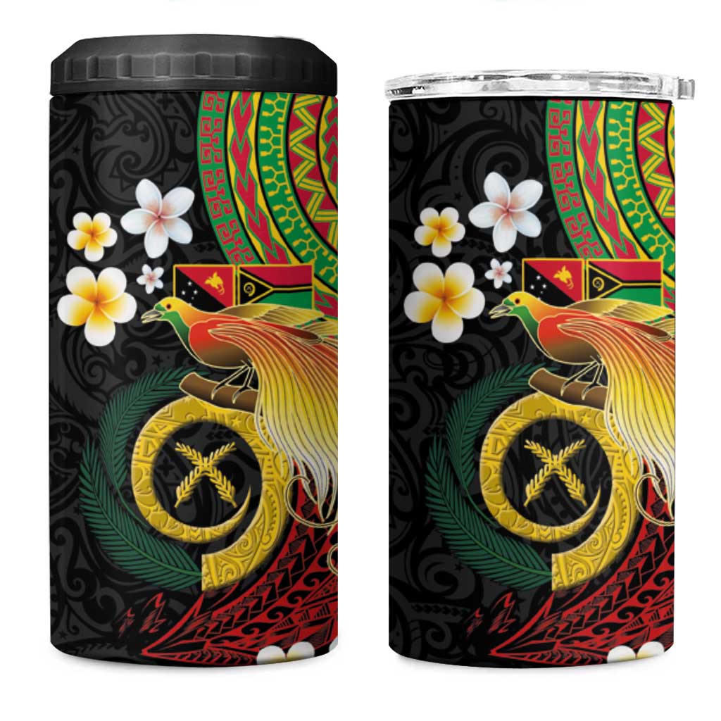 Vanuatu and Papua New Guinea Together 4 in 1 Can Cooler Tumbler Bird-of-paradise and Pig Tusk Melanesian Pattern