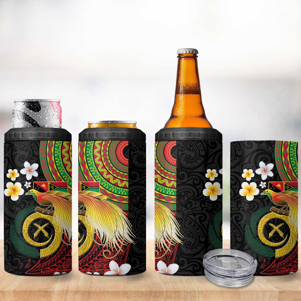 Vanuatu and Papua New Guinea Together 4 in 1 Can Cooler Tumbler Bird-of-paradise and Pig Tusk Melanesian Pattern
