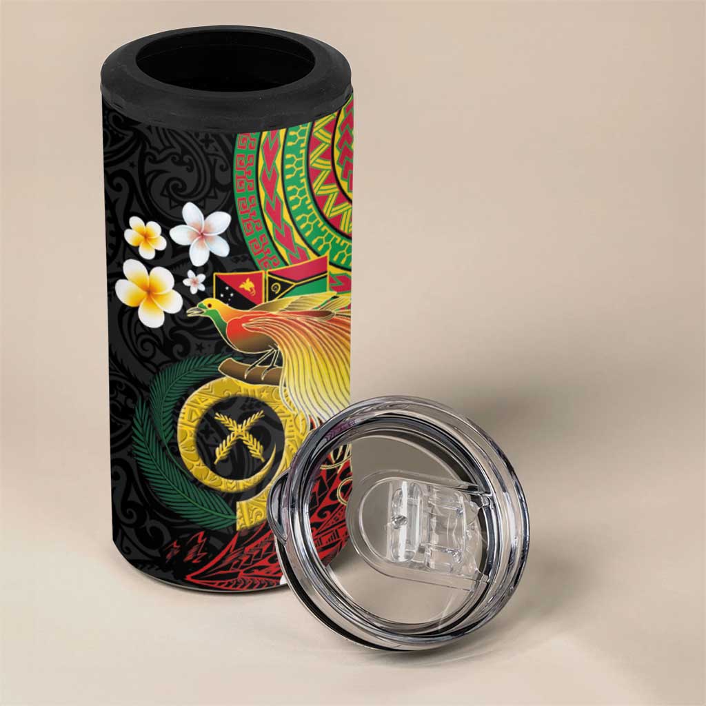 Vanuatu and Papua New Guinea Together 4 in 1 Can Cooler Tumbler Bird-of-paradise and Pig Tusk Melanesian Pattern