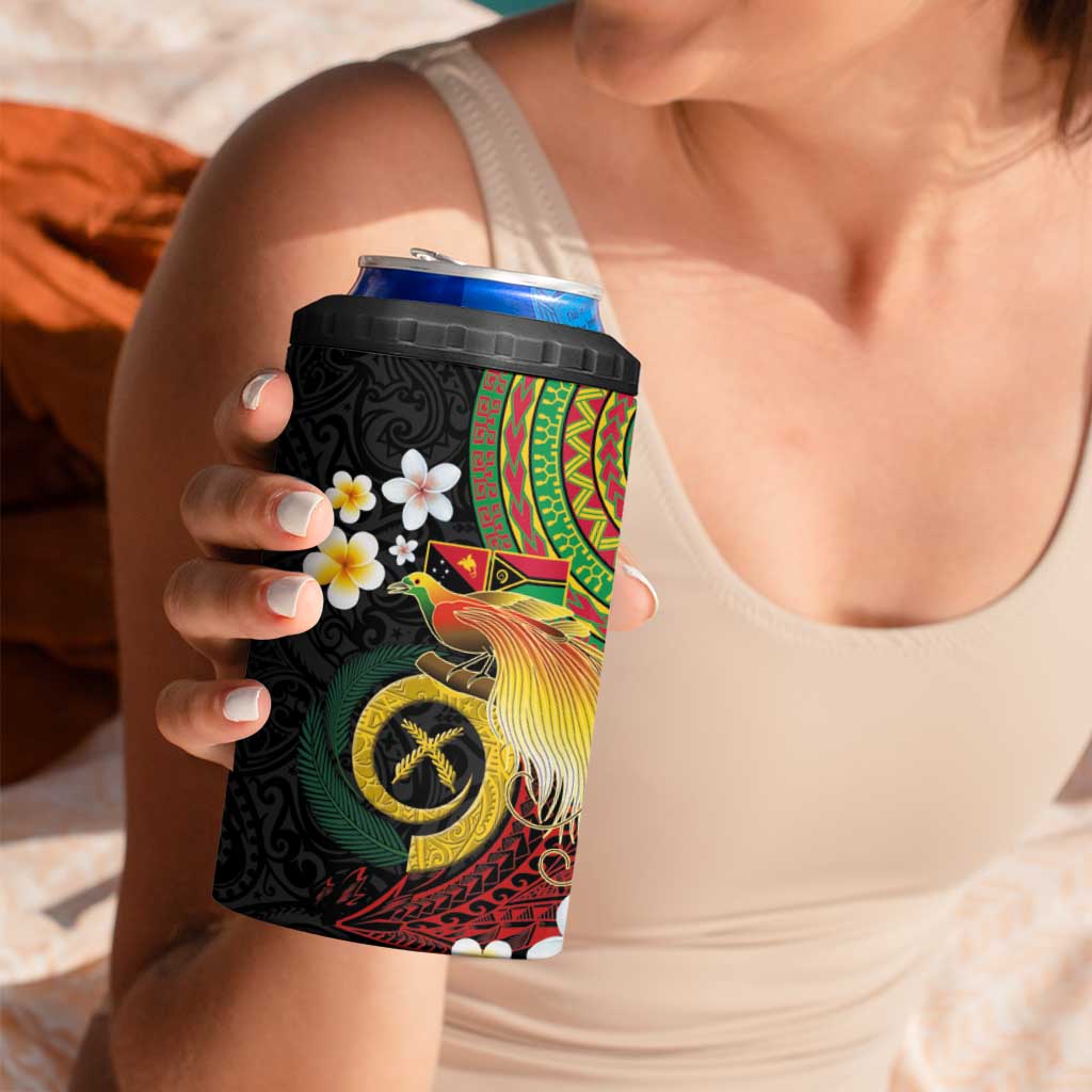Vanuatu and Papua New Guinea Together 4 in 1 Can Cooler Tumbler Bird-of-paradise and Pig Tusk Melanesian Pattern