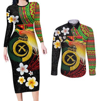Vanuatu and Papua New Guinea Together Couples Matching Long Sleeve Bodycon Dress and Long Sleeve Button Shirt Bird-of-paradise and Pig Tusk Melanesian Pattern