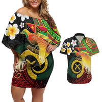 Vanuatu and Papua New Guinea Together Couples Matching Off Shoulder Short Dress and Hawaiian Shirt Bird-of-paradise and Pig Tusk Melanesian Pattern