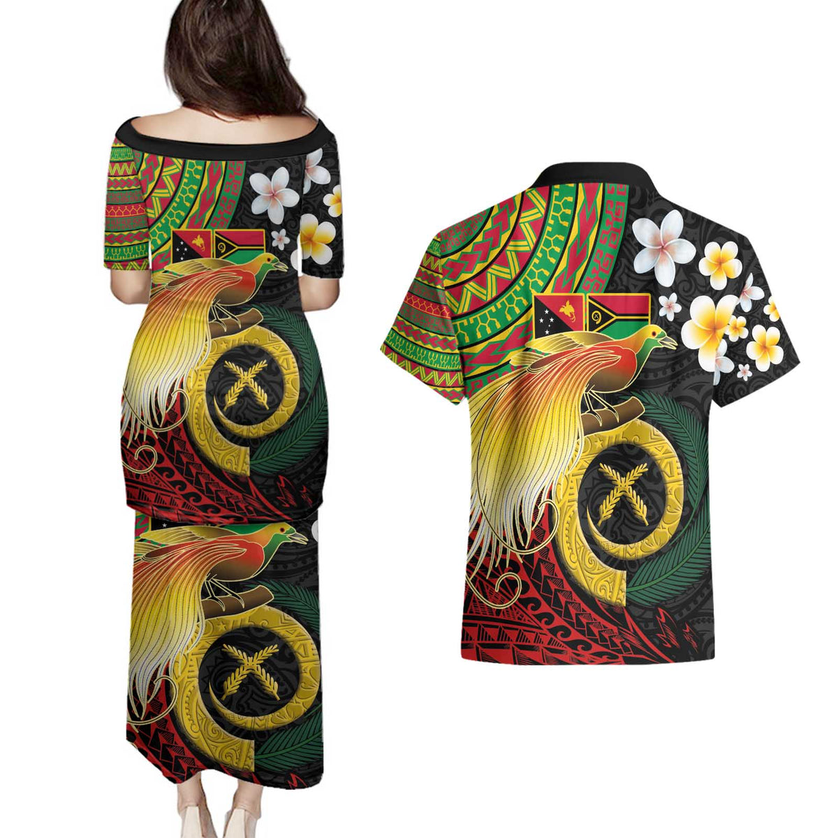 Vanuatu and Papua New Guinea Together Couples Matching Puletasi and Hawaiian Shirt Bird-of-paradise and Pig Tusk Melanesian Pattern