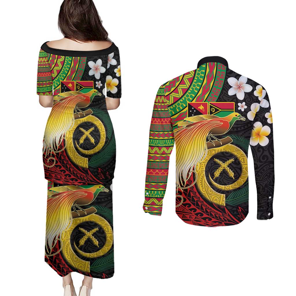 Vanuatu and Papua New Guinea Together Couples Matching Puletasi and Long Sleeve Button Shirt Bird-of-paradise and Pig Tusk Melanesian Pattern