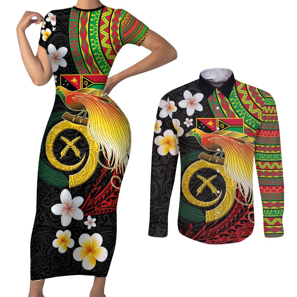 Vanuatu and Papua New Guinea Together Couples Matching Short Sleeve Bodycon Dress and Long Sleeve Button Shirt Bird-of-paradise and Pig Tusk Melanesian Pattern