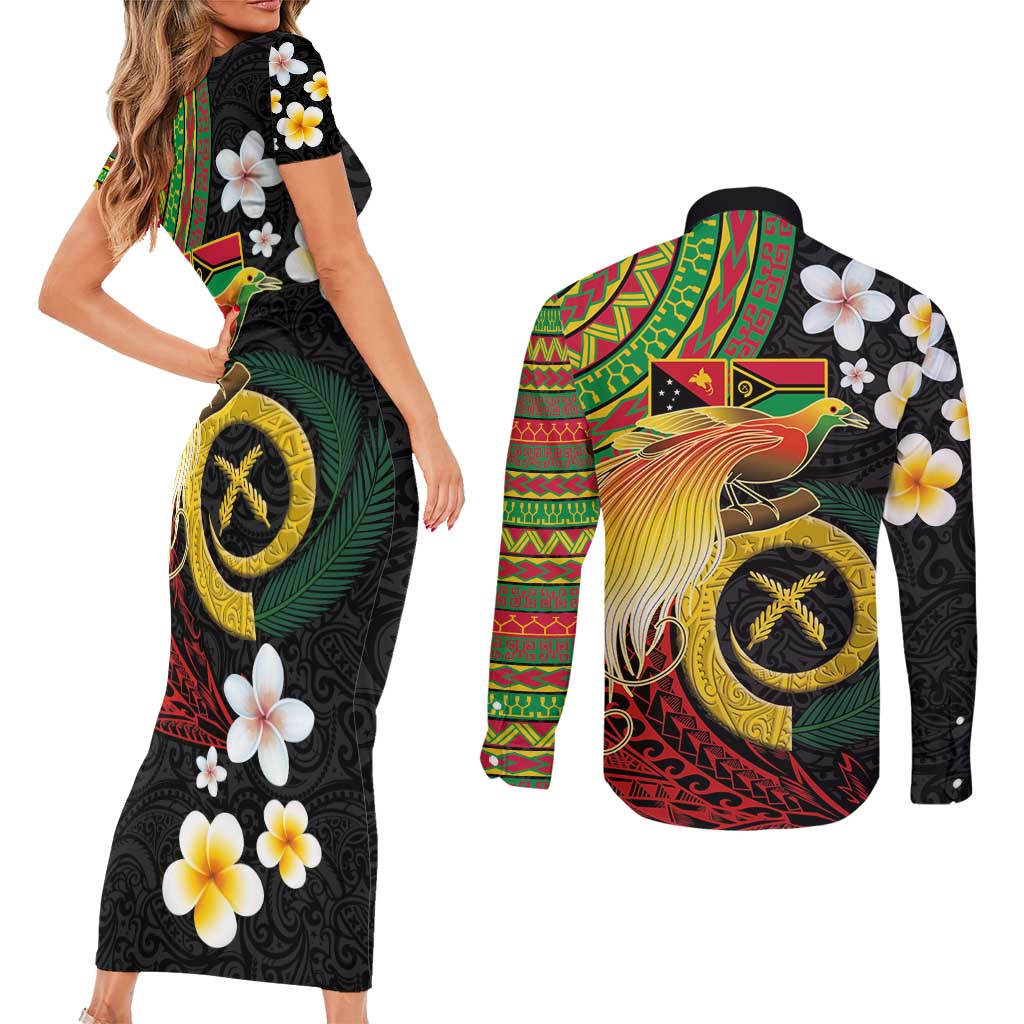 Vanuatu and Papua New Guinea Together Couples Matching Short Sleeve Bodycon Dress and Long Sleeve Button Shirt Bird-of-paradise and Pig Tusk Melanesian Pattern