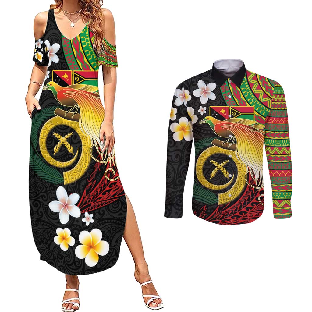 Vanuatu and Papua New Guinea Together Couples Matching Summer Maxi Dress and Long Sleeve Button Shirt Bird-of-paradise and Pig Tusk Melanesian Pattern