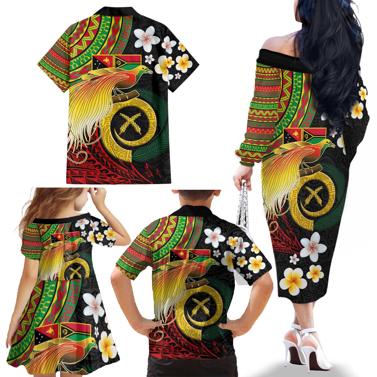 Vanuatu and Papua New Guinea Together Family Matching Off The Shoulder Long Sleeve Dress and Hawaiian Shirt Bird-of-paradise and Pig Tusk Melanesian Pattern