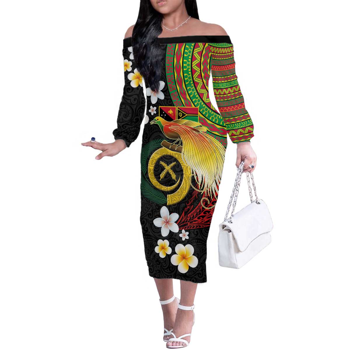 Vanuatu and Papua New Guinea Together Family Matching Off The Shoulder Long Sleeve Dress and Hawaiian Shirt Bird-of-paradise and Pig Tusk Melanesian Pattern