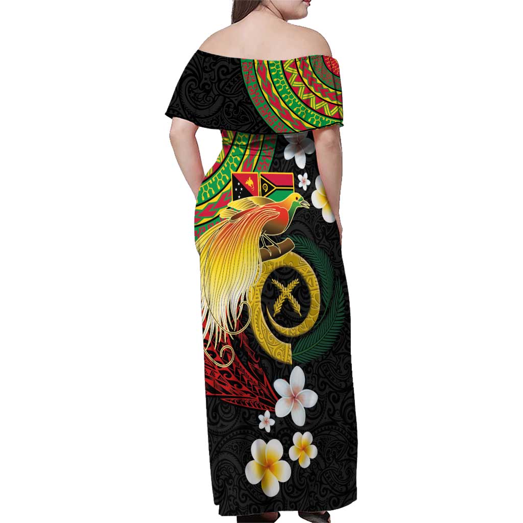 Vanuatu and Papua New Guinea Together Family Matching Off Shoulder Maxi Dress and Hawaiian Shirt Bird-of-paradise and Pig Tusk Melanesian Pattern LT03 - Polynesian Pride