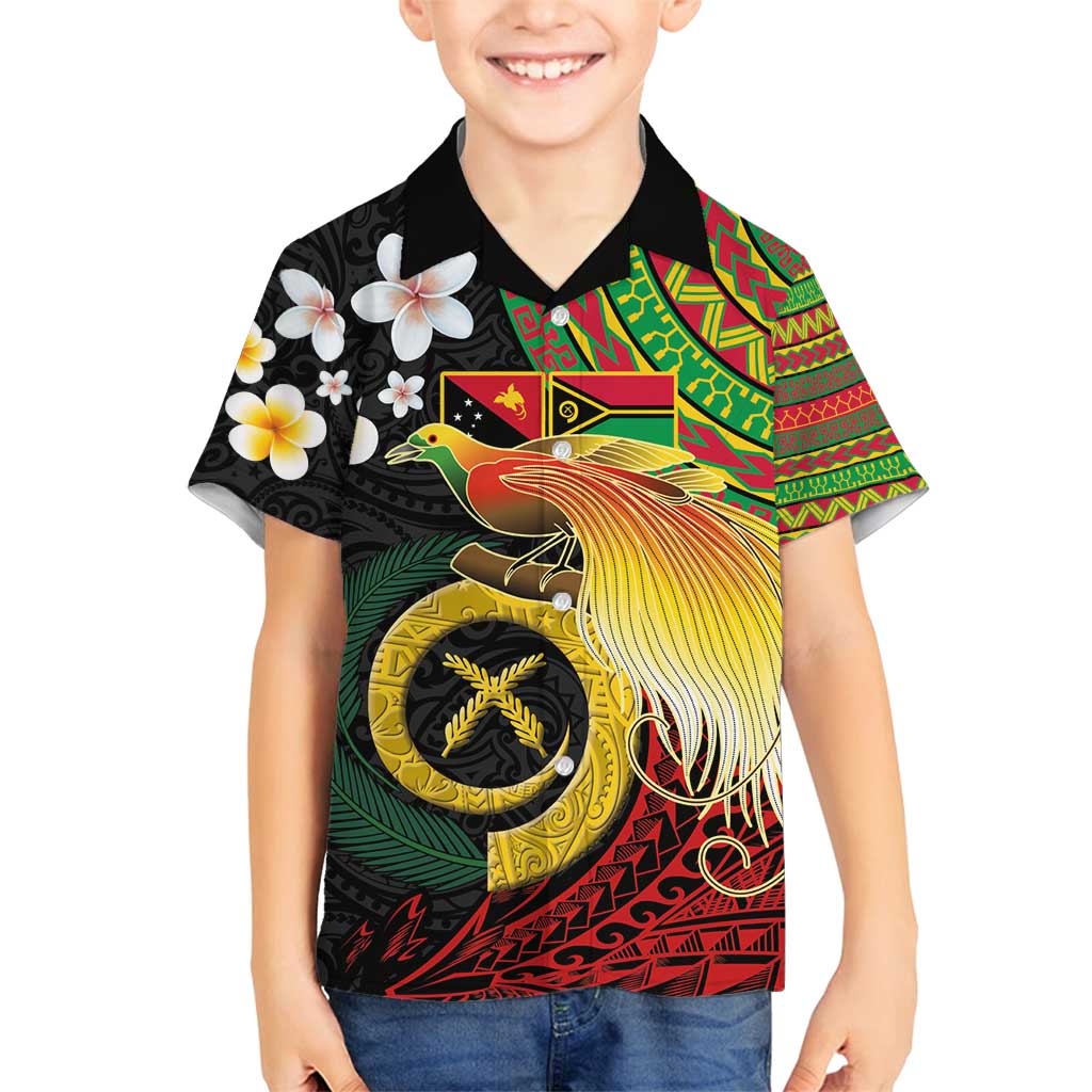 Vanuatu and Papua New Guinea Together Family Matching Off Shoulder Short Dress and Hawaiian Shirt Bird-of-paradise and Pig Tusk Melanesian Pattern LT03 Son's Shirt Black - Polynesian Pride