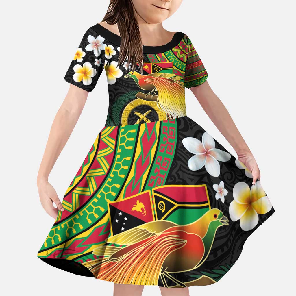 Vanuatu and Papua New Guinea Together Family Matching Summer Maxi Dress and Hawaiian Shirt Bird-of-paradise and Pig Tusk Melanesian Pattern LT03 Daughter's Dress Black - Polynesian Pride