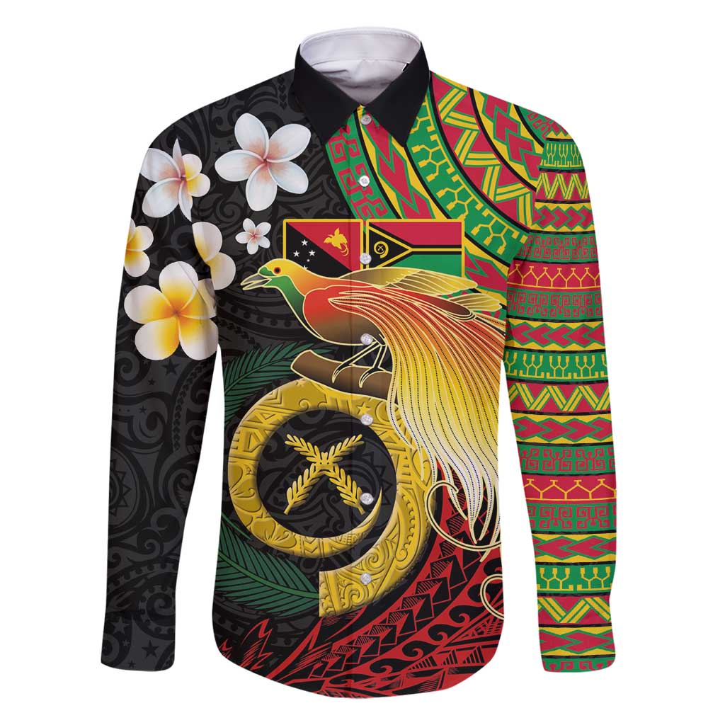 Vanuatu and Papua New Guinea Together Family Matching Summer Maxi Dress and Hawaiian Shirt Bird-of-paradise and Pig Tusk Melanesian Pattern LT03 Dad's Shirt - Long Sleeve Black - Polynesian Pride