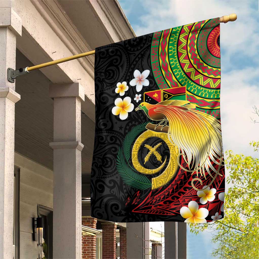 Vanuatu and Papua New Guinea Together Garden Flag Bird-of-paradise and Pig Tusk Melanesian Pattern