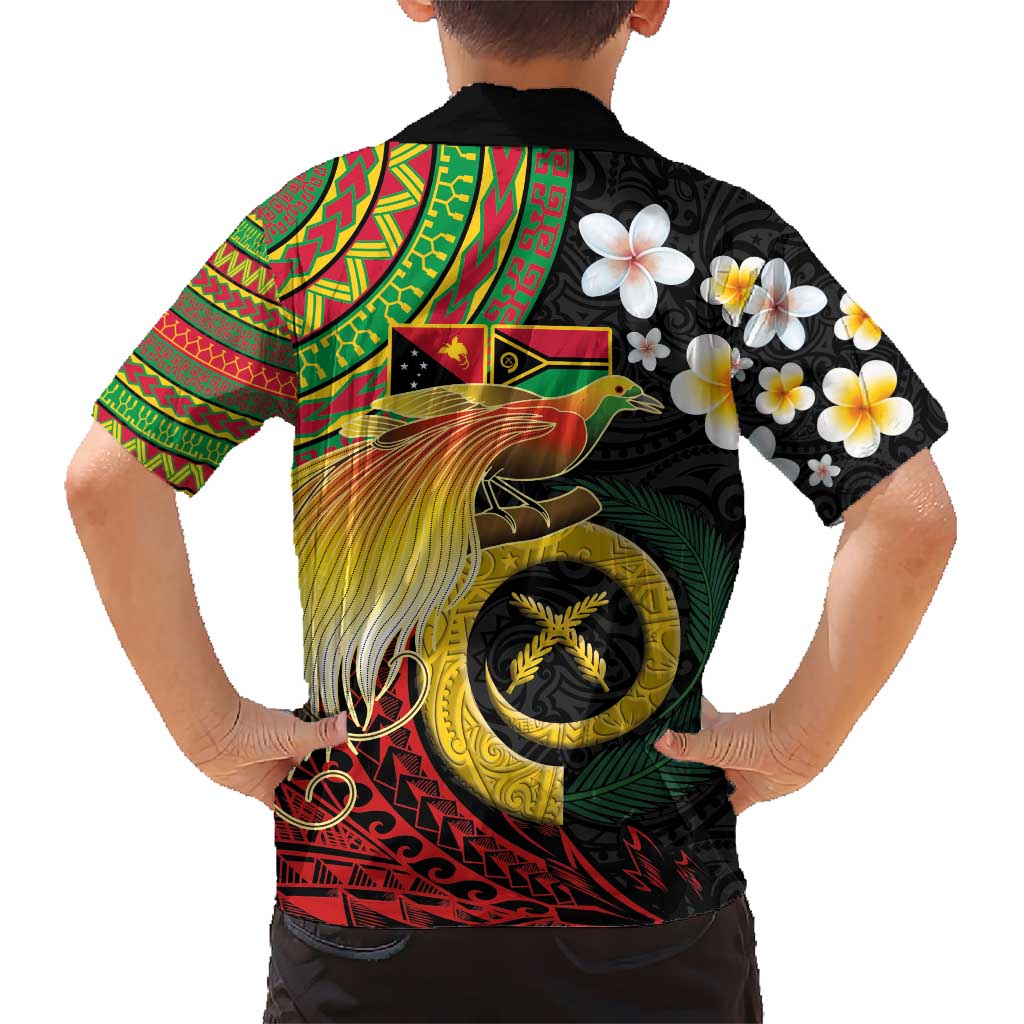 Vanuatu and Papua New Guinea Together Kid Hawaiian Shirt Bird-of-paradise and Pig Tusk Melanesian Pattern